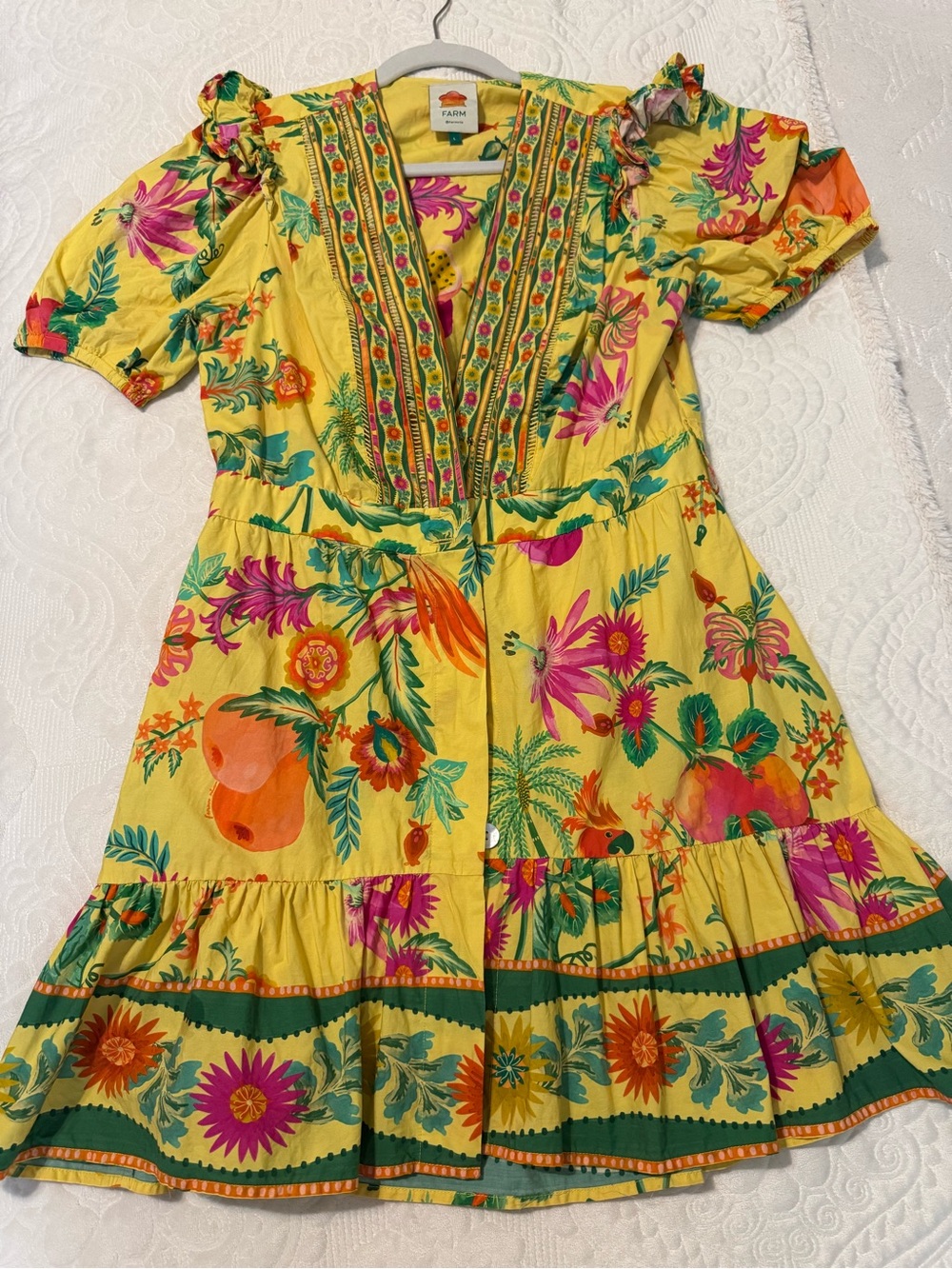 Farm Rio Yellow Tropical Floral Dress with Ruffle Trim